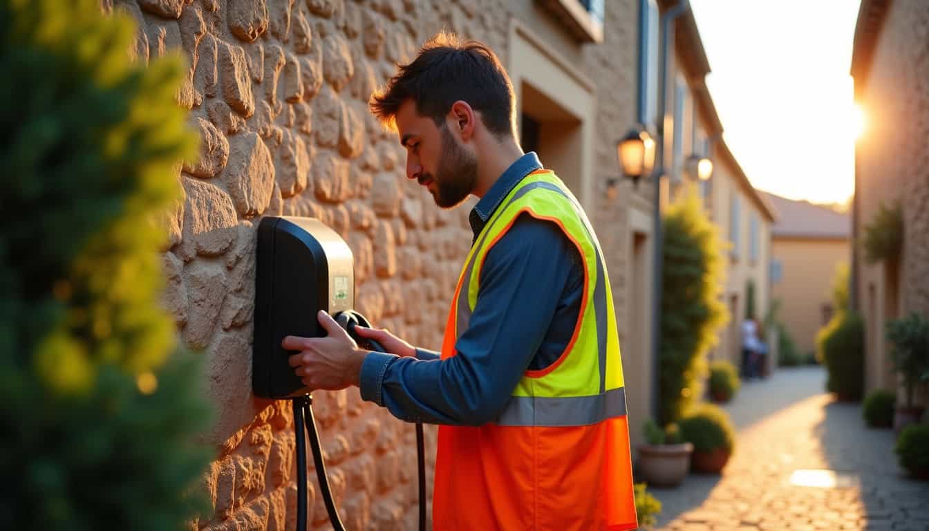 Électricien en train d’installer une borne électrique à Collias