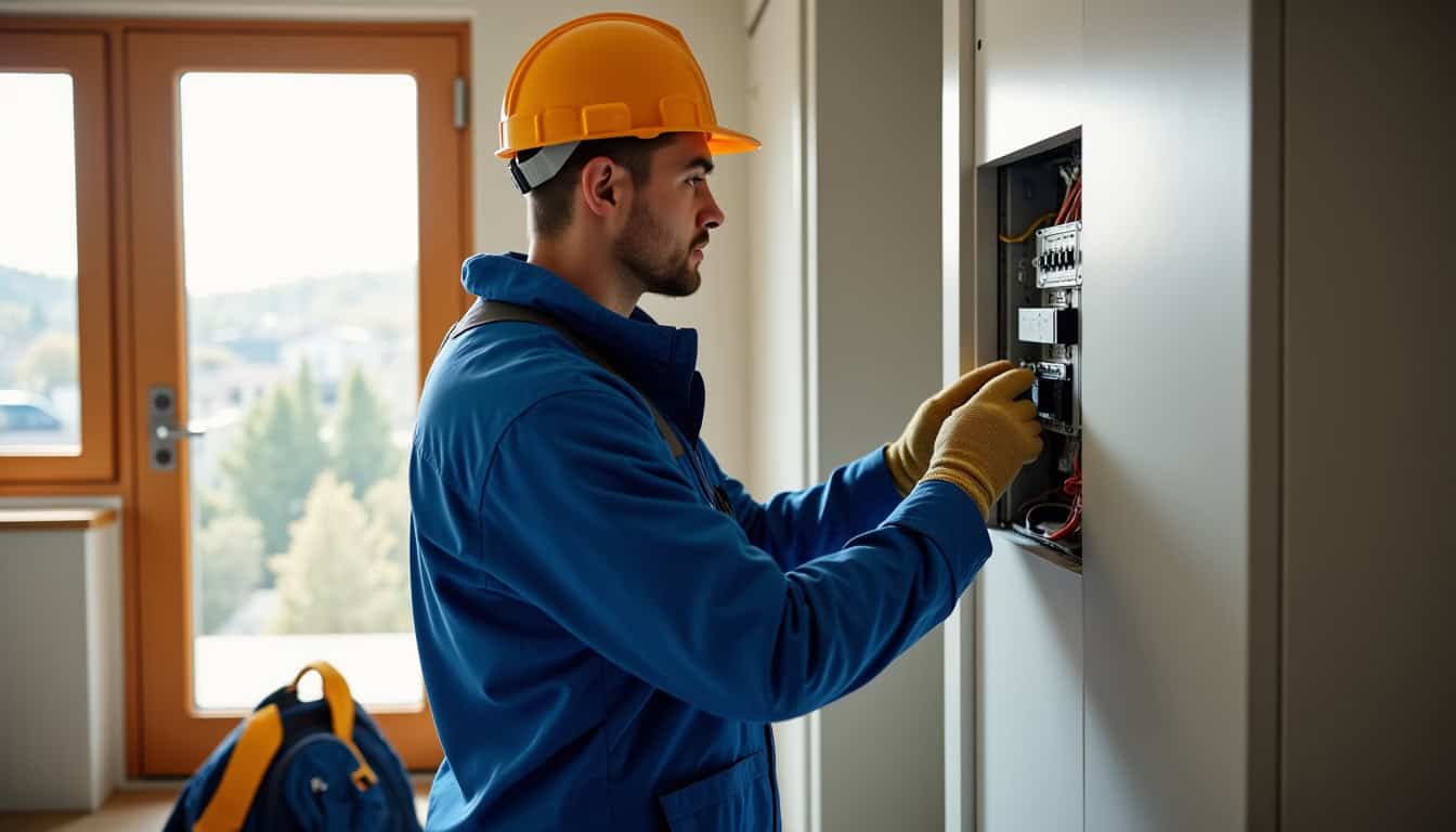 Électricien inspectant un tableau électrique dans une maison près de Sens-de-Bretagne