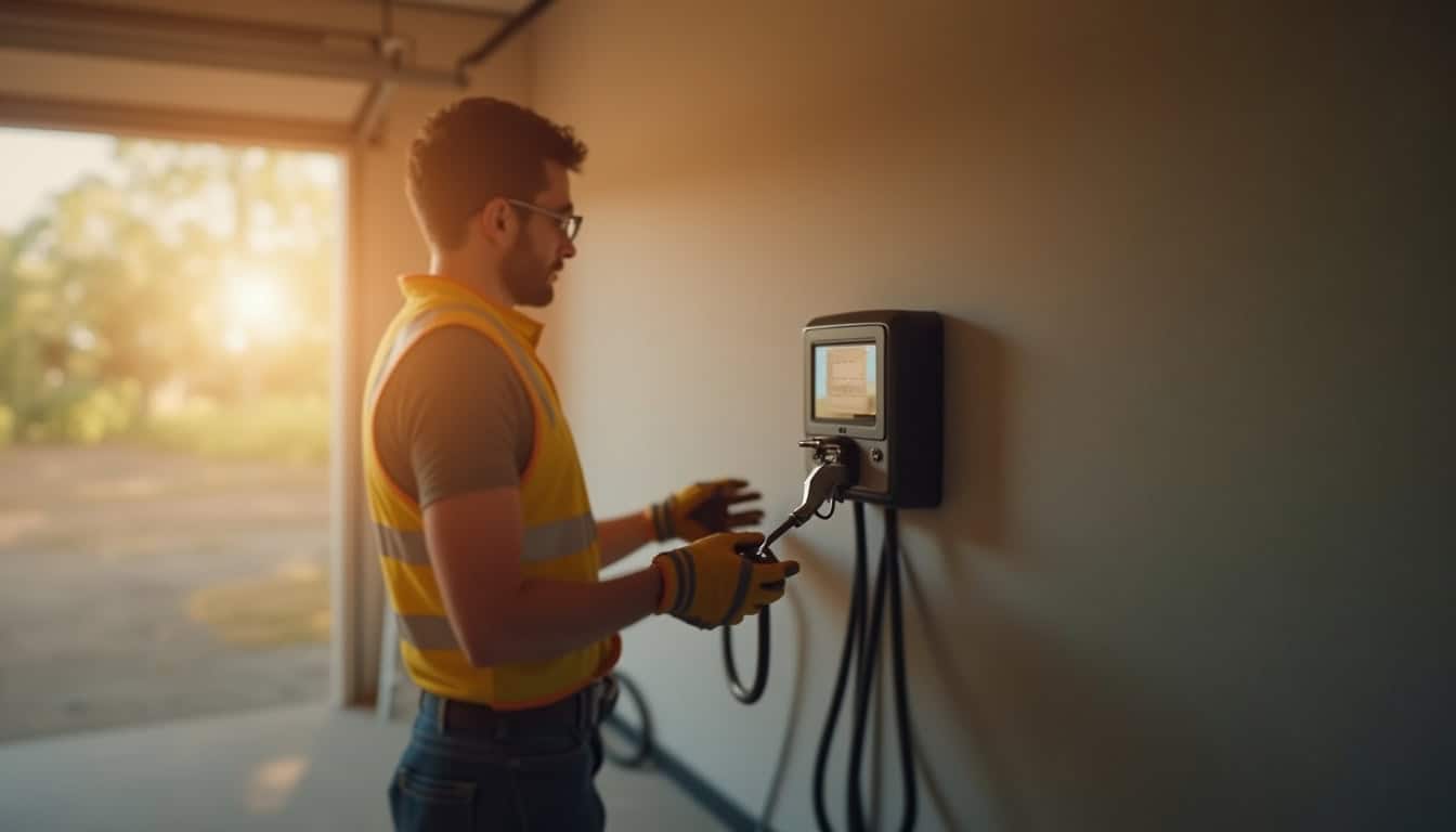 Électricien IRVE certifié en train d’installer une borne de recharge murale dans un garage à Mazan