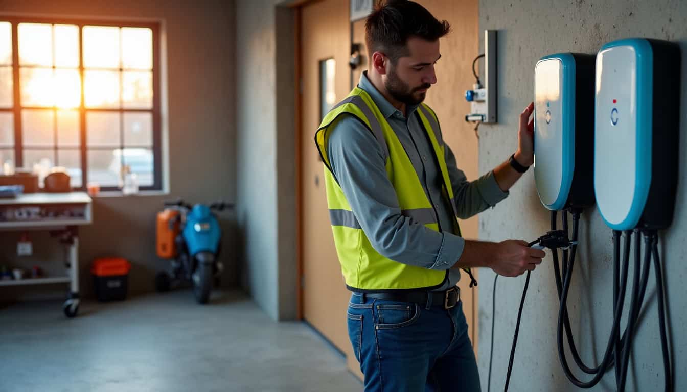 Électricien IRVE en train de poser une borne de recharge dans un garage