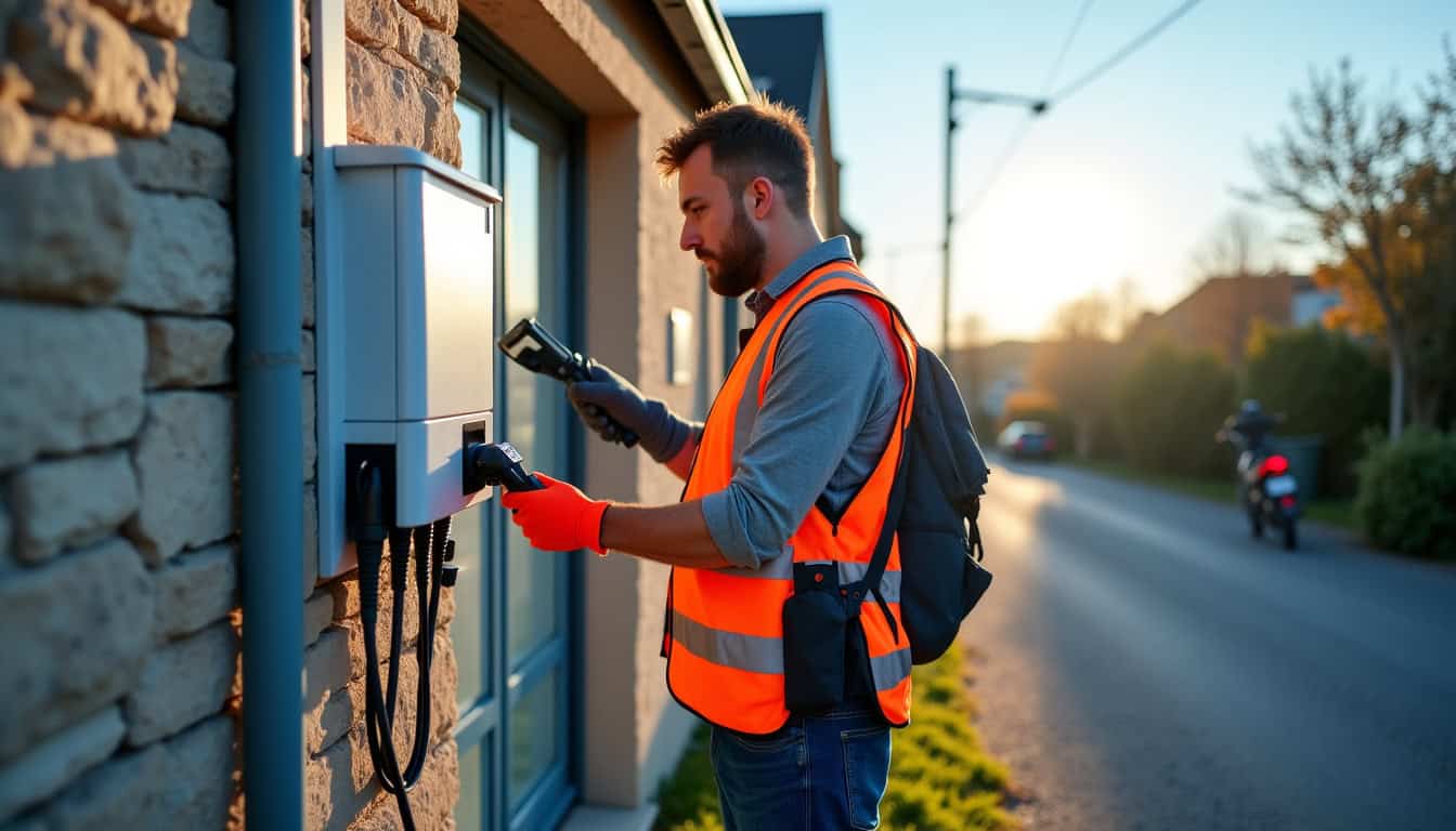 Électricien IRVE en train de tester une borne électrique à Pléneuf-Val-André