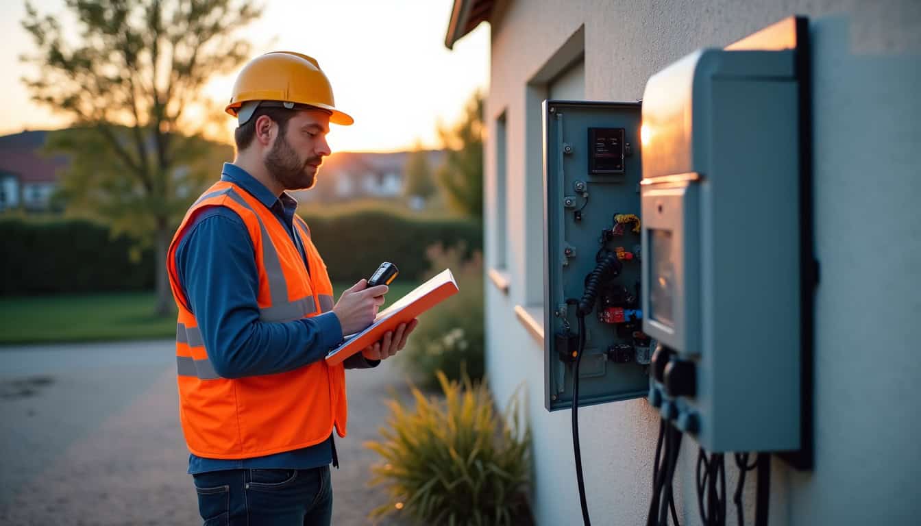 Électricien IRVE en train d’inspecter une installation électrique à Magescq avant pose de la borne