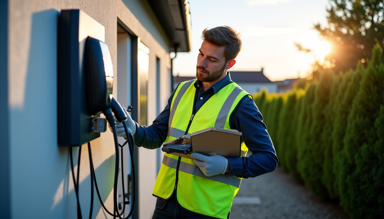 Électricien IRVE en train d’installer une borne de recharge à Hambye