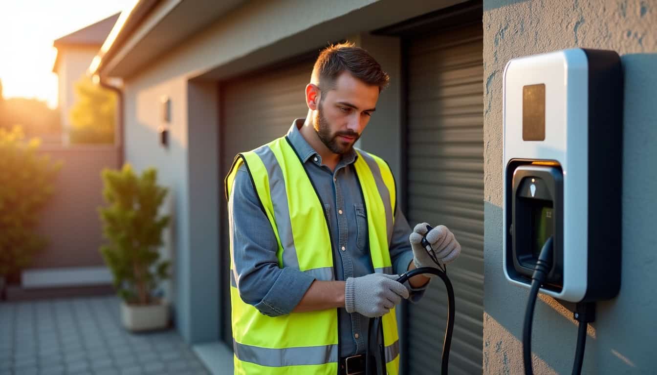 Électricien IRVE en train d’installer une borne de recharge pour voiture électrique à Léon