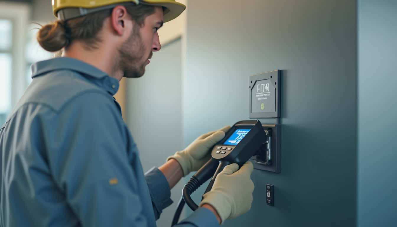 Électricien professionnel en train de tester une borne de recharge électrique murale avec un appareil de mesure