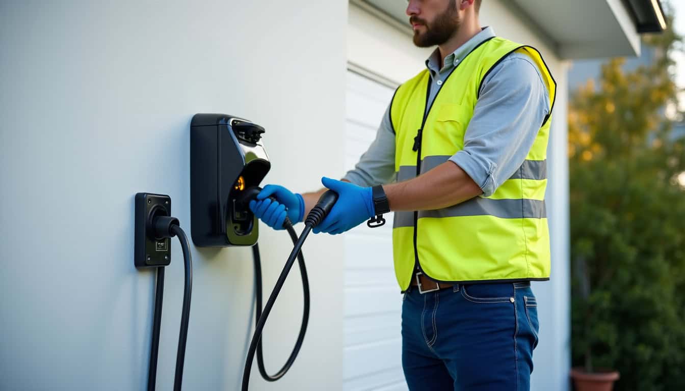 Électricien professionnel installant une borne de recharge électrique