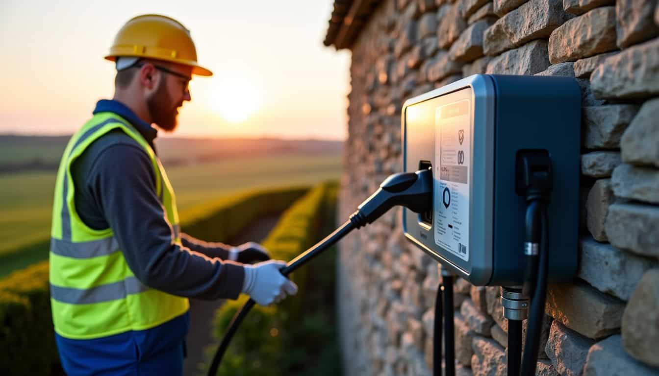 Électricien qualifié IRVE en train de vérifier une borne de recharge à Rédené