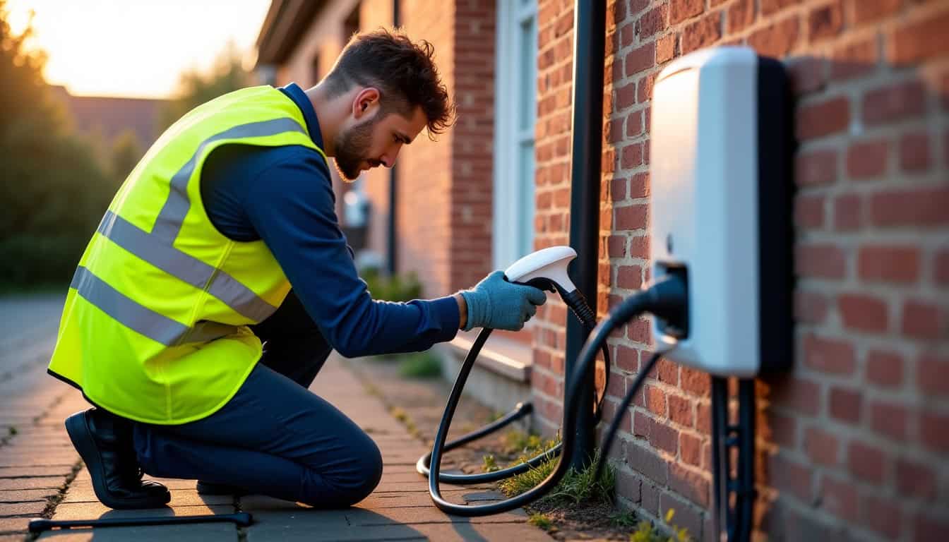 Électricien qualifié IRVE travaillant sur une installation de borne électrique à Pavilly