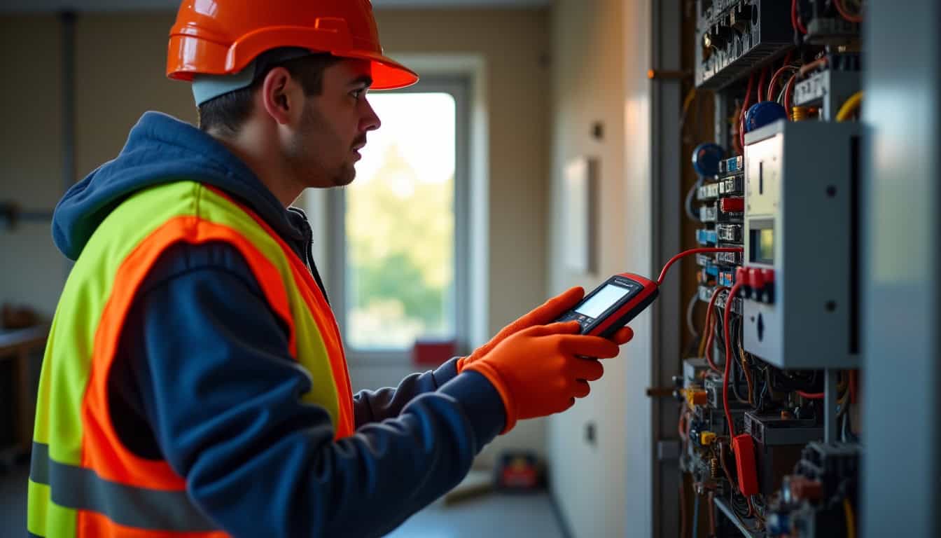 Électricien réalisant un diagnostic de l’installation électrique avant pose de borne de recharge à Ferrière-la-Petite