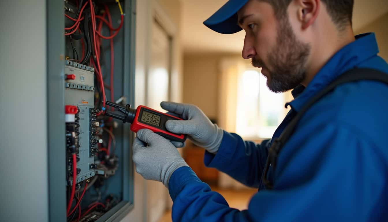 Électricien réalisant un diagnostic électrique avant installation d