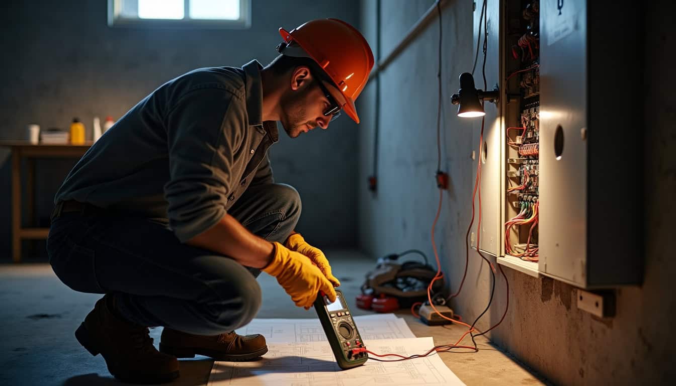 Électricien réalisant un diagnostic électrique dans un garage à Surbourg avant l