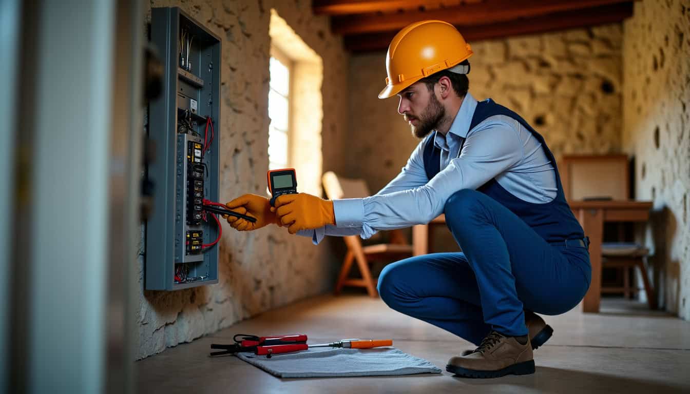 Électricien réalisant un diagnostic électrique dans une maison à Saint-Bonnet-le-Château