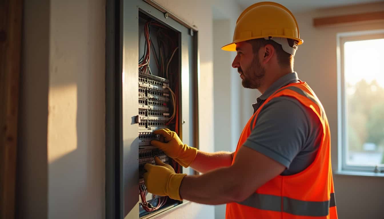Électricien vérifiant un tableau électrique avant installation d