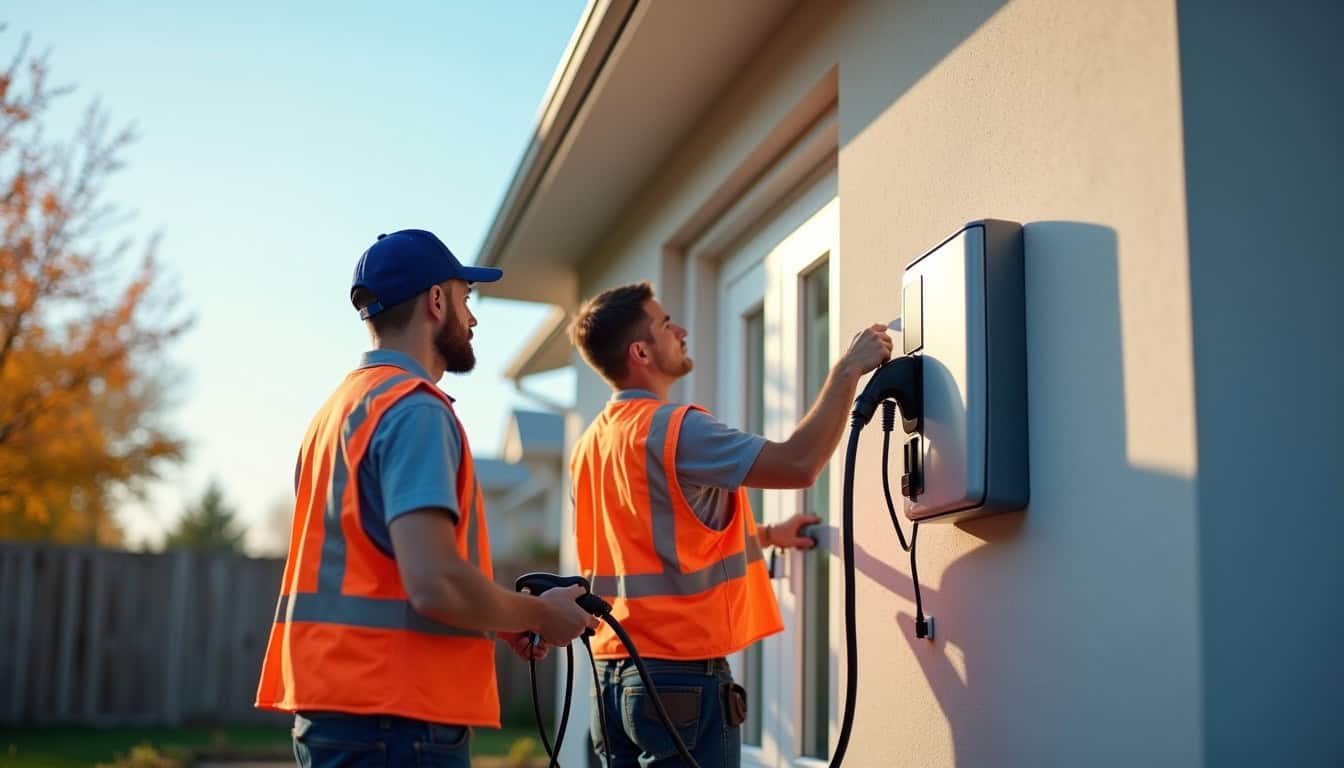 Équipe d’électriciens en train d’installer une borne de recharge murale sur la façade d’une maison à Tuffé Val de la Chéronne