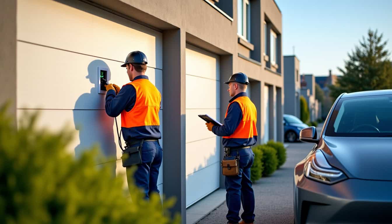 Équipe d’installateurs professionnels en train de monter une borne de recharge électrique à Labarthe-Rivière