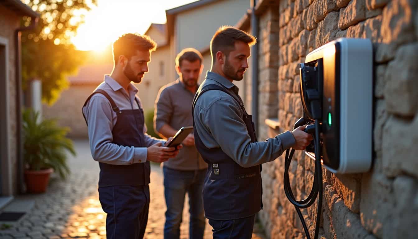 Équipe d’installateurs qualifiés IRVE intervenant pour la pose d’une borne de recharge à Bréhand