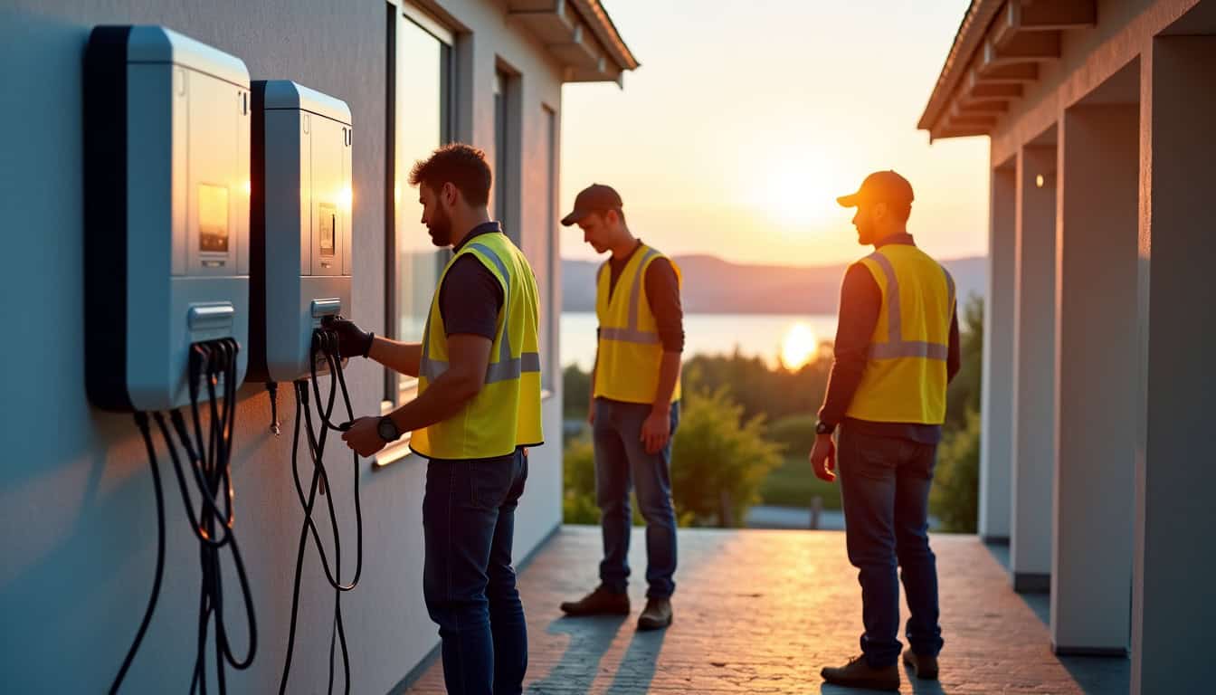 Équipe professionnelle installant une borne de recharge électrique à Excenevex