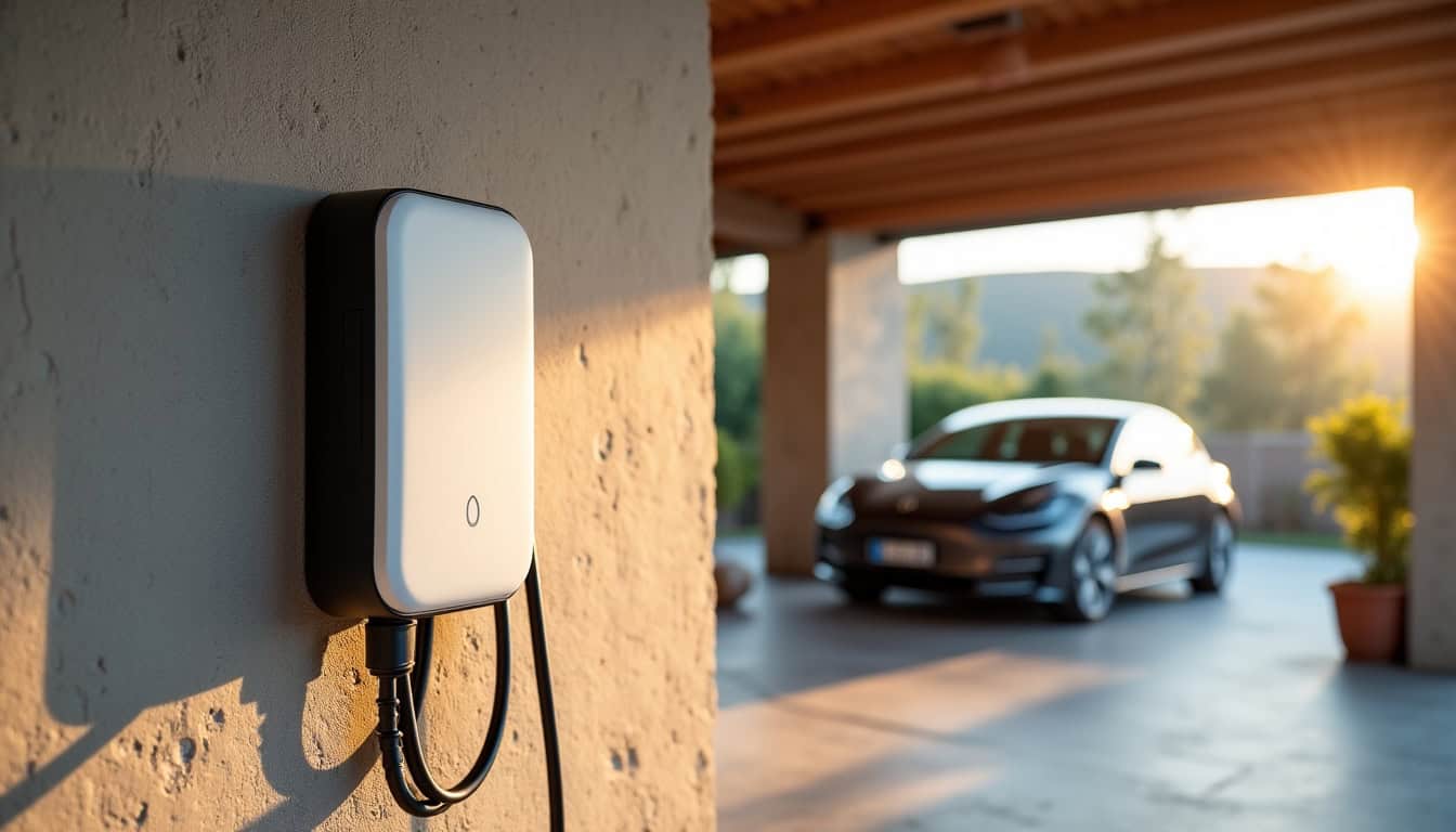 Exemple de wallbox installée dans un garage résidentiel à Ibos