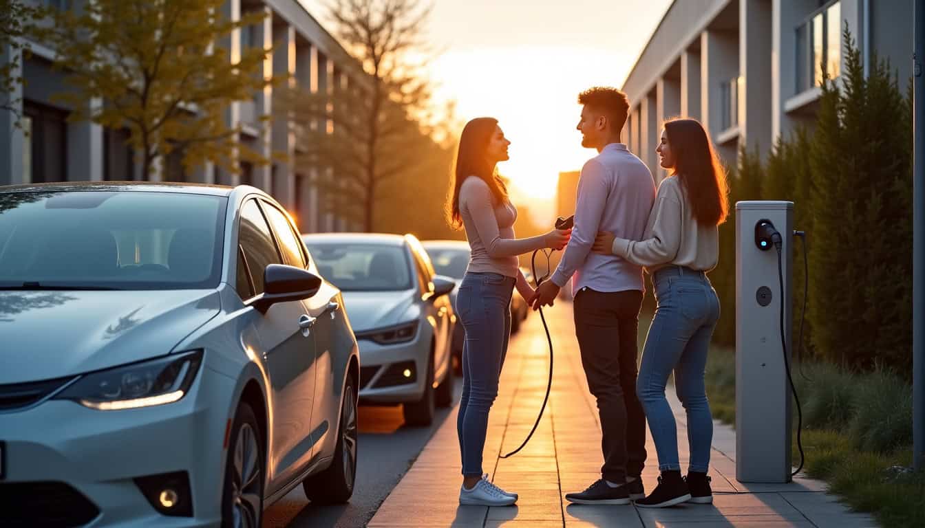 Famille utilisant une borne de recharge électrique à Reims