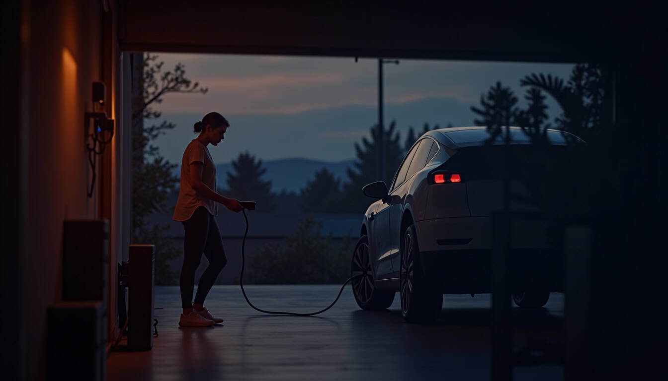 Femme branchant son véhicule électrique à une borne murale dans un garage privé, en soirée