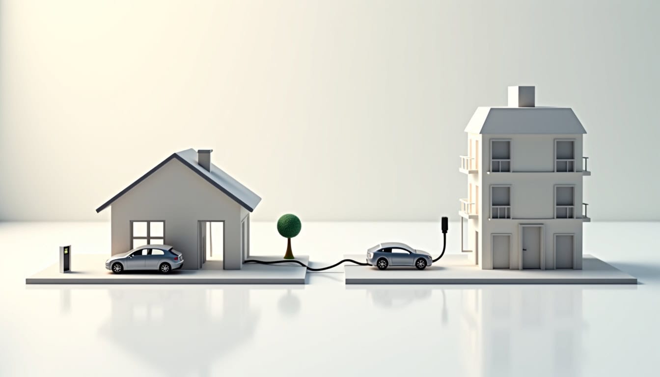 Illustration comparant l’installation d’une borne de recharge en maison individuelle et en copropriété à Rives-Dervoises