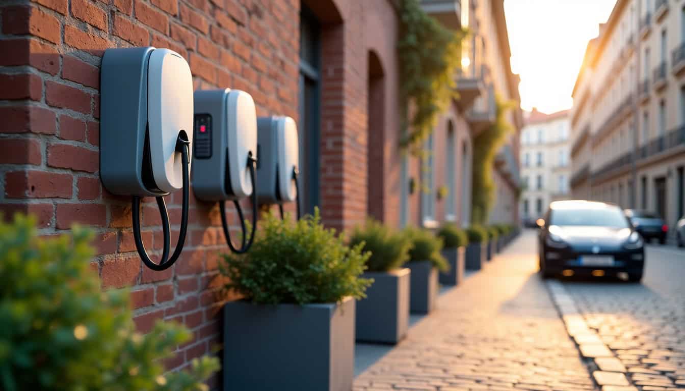 Illustration montrant différents types de bornes de recharge pour voitures électriques installées à Croix