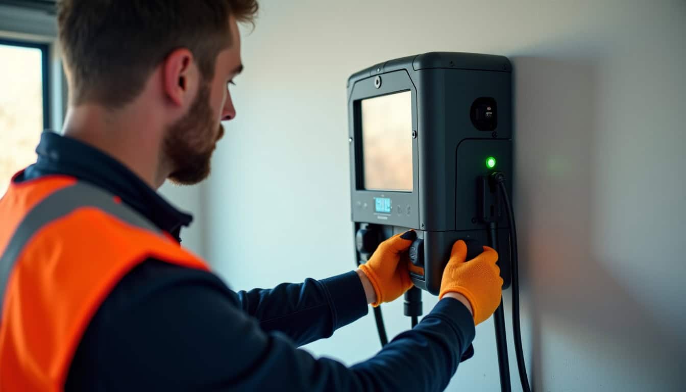 Installateur certifié IRVE en train de poser une borne de recharge à Saint-Médard-dAunis