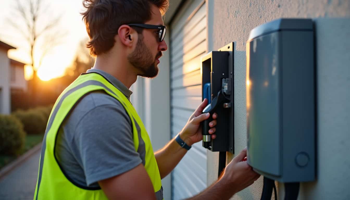 Installateur certifié IRVE réalisant une installation de borne de recharge à Cély