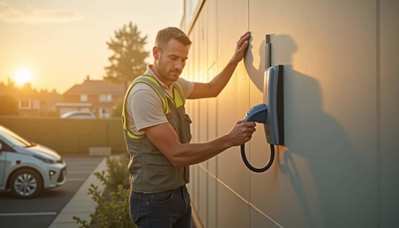 Installateur en train de fixer une borne de recharge murale sur le mur extérieur d