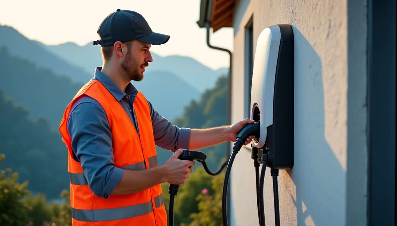 Installateur professionnel en train de poser une borne électrique à Chorges