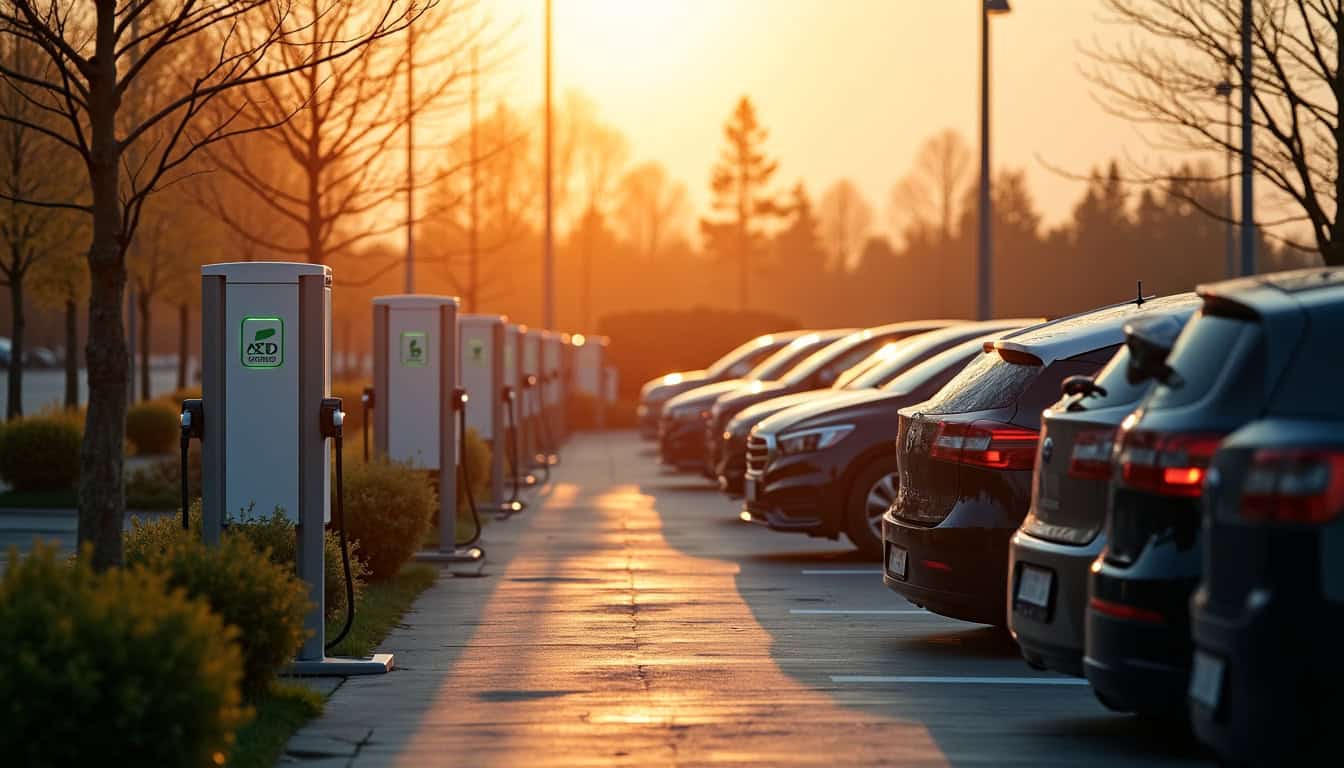 Installation de plusieurs bornes de recharge pour flotte de véhicules d’entreprise à Floing, montrant un parking professionnel équipé de bornes de 22 kW