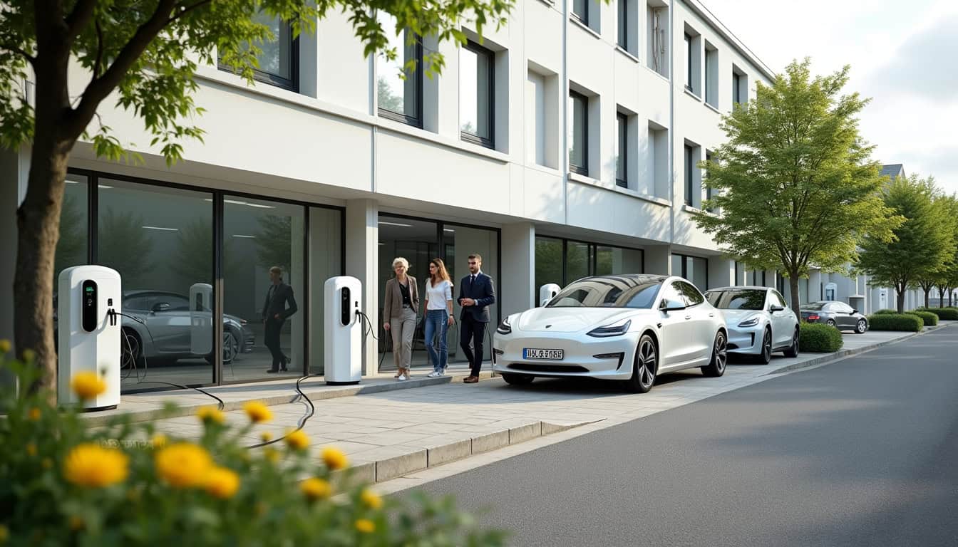 Installation de plusieurs bornes de recharge pour véhicules électriques devant un bâtiment professionnel en Morbihan