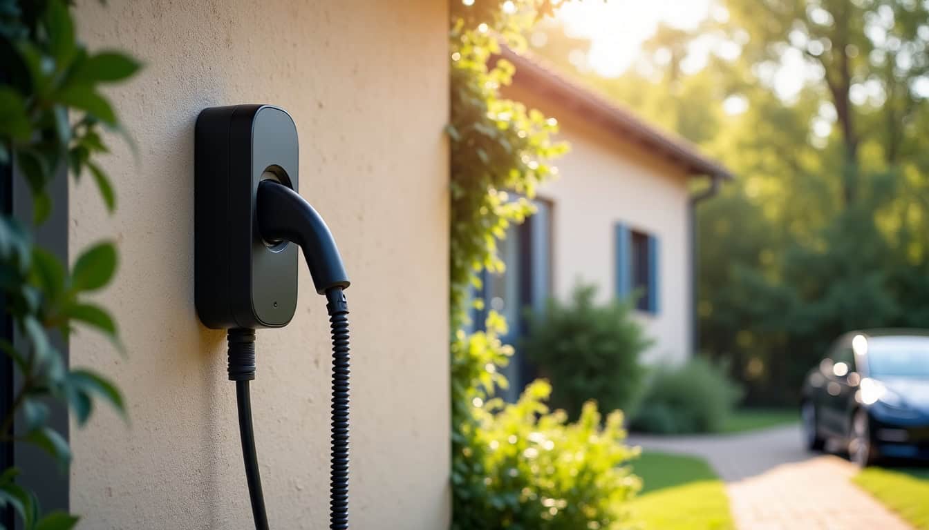 Installation d’une borne de recharge électrique en extérieur sur un mur extérieur d’une maison à Arbanats