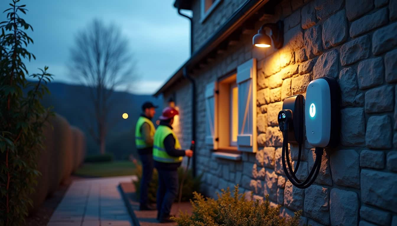 Installation d’une borne de recharge murale sur une façade de maison à Pionsat, en soirée