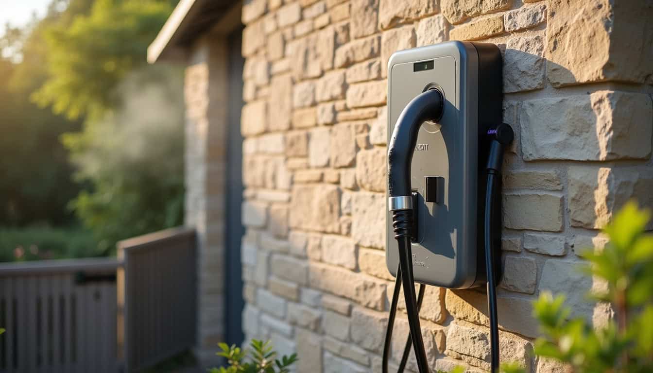 Borne de recharge électrique installée sur un mur extérieur d