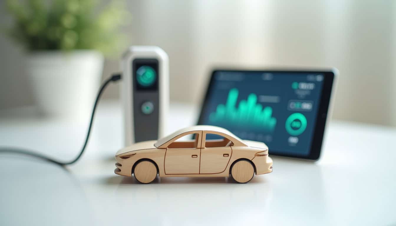 Tablette montrant l’interface d’une application de gestion de borne de recharge connectée, avec historique de consommation et programmation