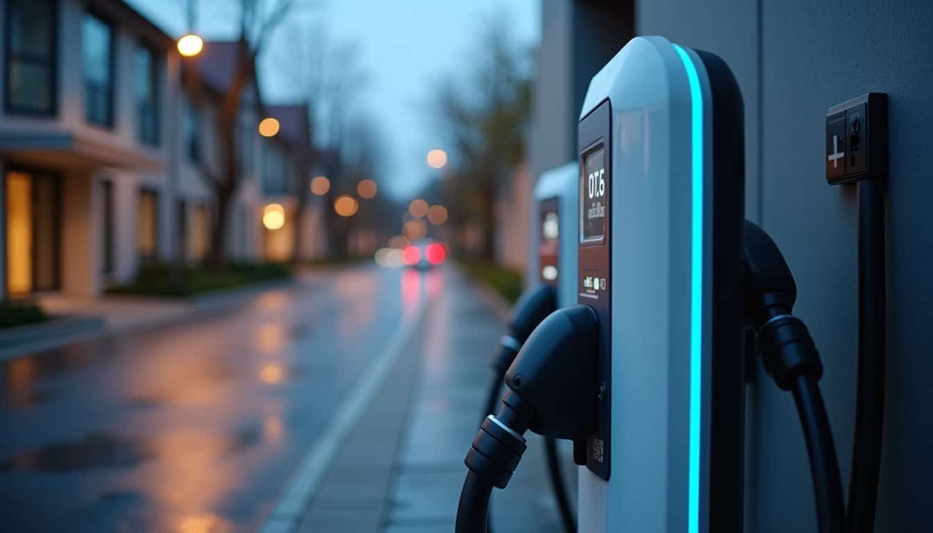 Comparaison visuelle de différents modèles de bornes de recharge électrique, montrant leur design, connectivité et affichage intégré