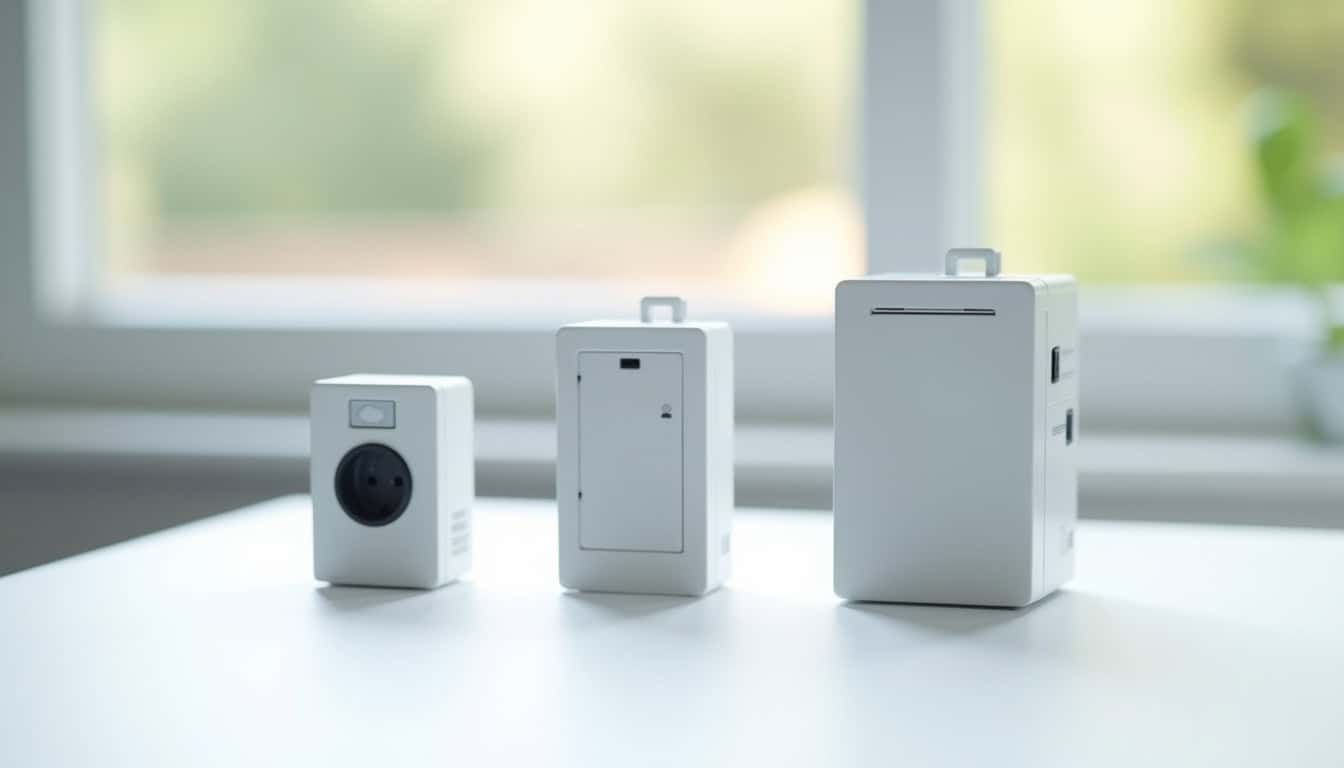 Comparatif visuel des différents types de bornes électriques: prise renforcée, wallbox 7,4 kW et borne triphasée 22 kW