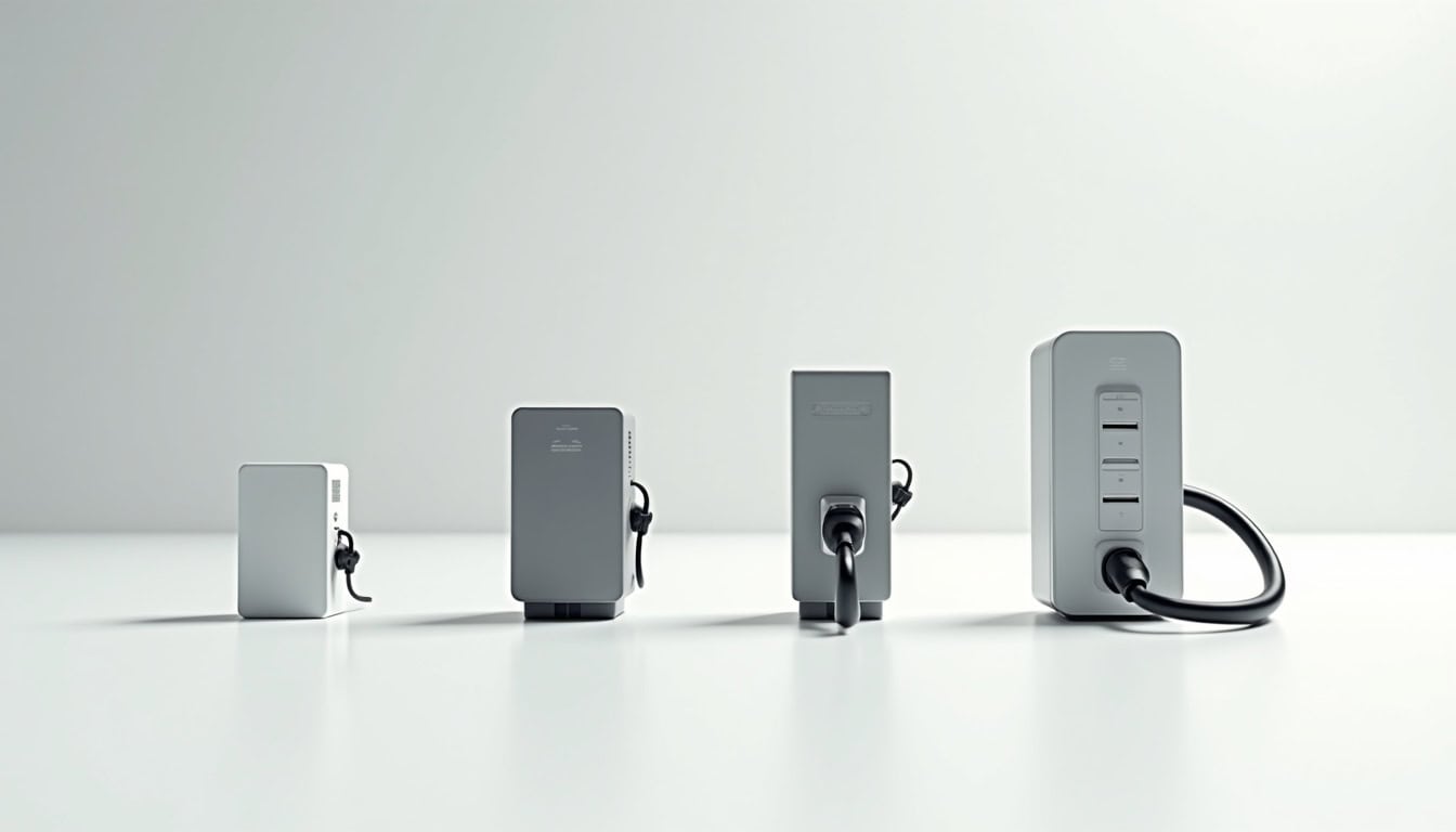 Comparaison visuelle des différents types de bornes de recharge: monophasée, triphasée, wallbox et prise renforcée