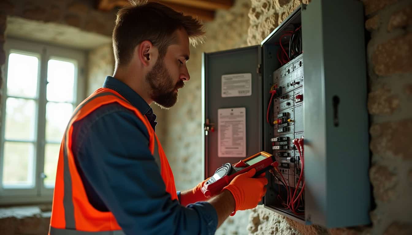 Intervention d’un technicien réalisant un diagnostic électrique dans une maison à Guerlesquin