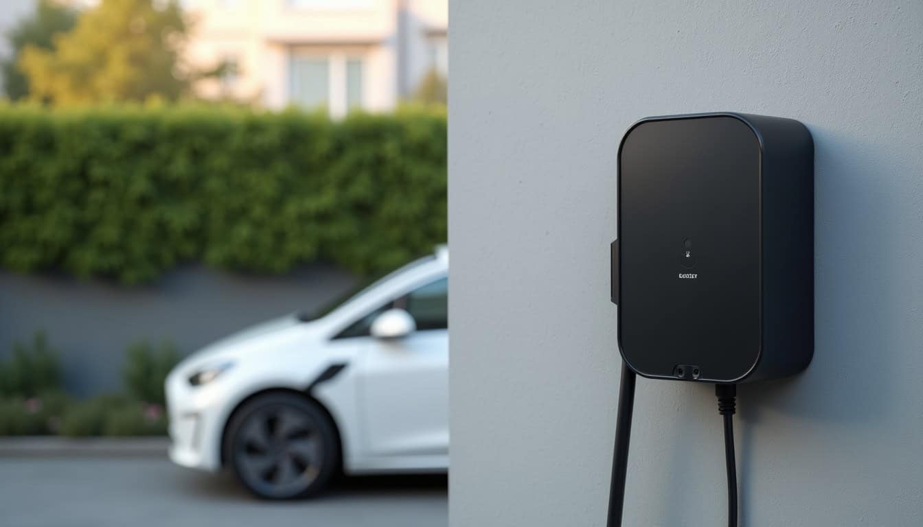 Borne de recharge électrique installée sur le mur extérieur d