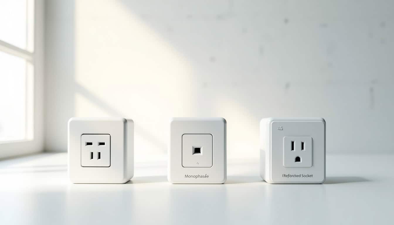 Comparatif visuel des différents types de bornes de recharge: wallbox monophasée, triphasée et prise renforcée