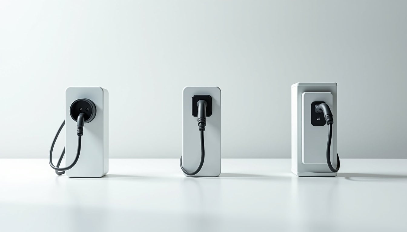 Comparaison visuelle des différents types de bornes électriques: prise renforcée, wallbox murale, borne triphasée 22kW