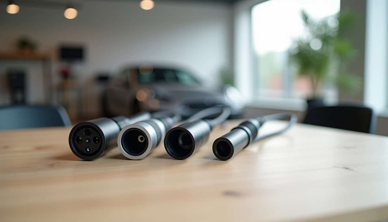 Différents types de prises de recharge pour véhicules électriques posés sur une table
