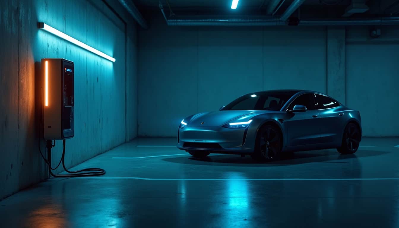Borne de recharge murale installée dans un garage intérieur, vue de nuit avec un véhicule électrique en cours de charge
