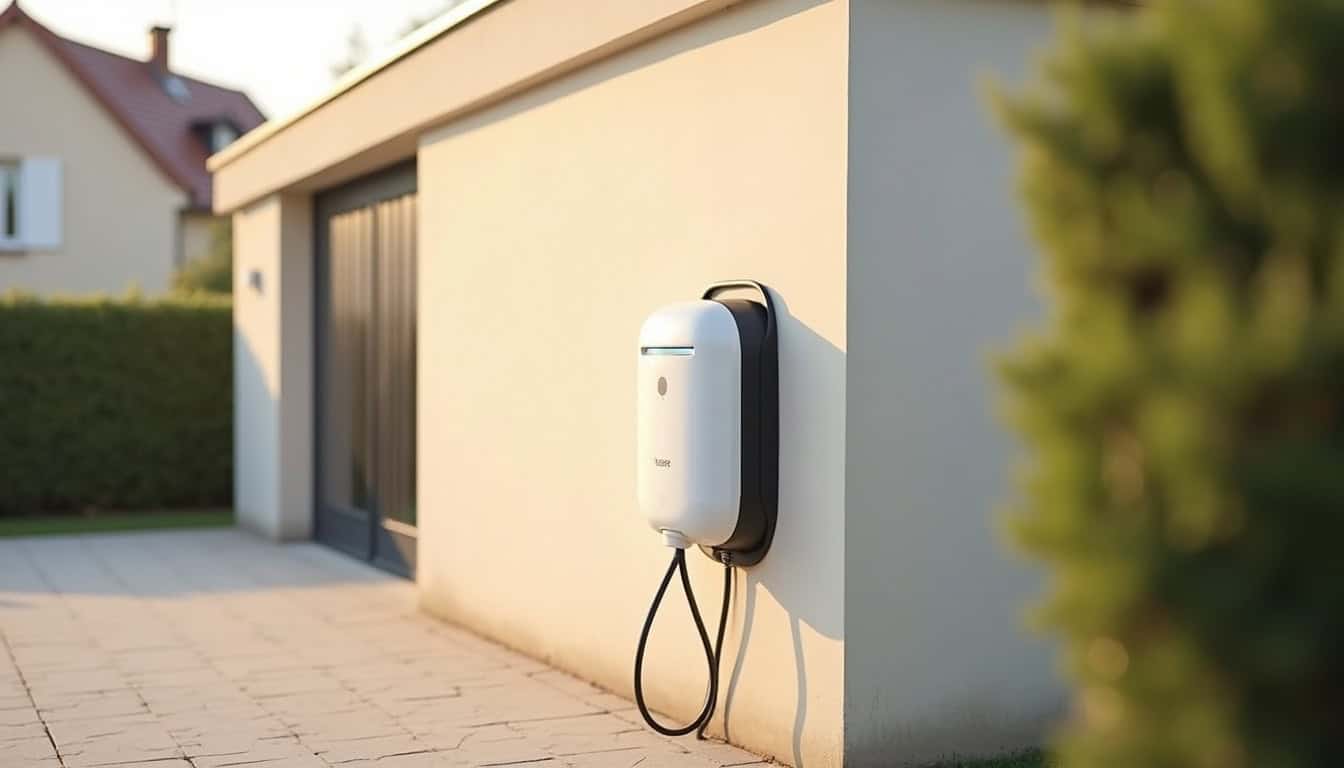 Borne de recharge Hager Witty One installée sur un mur extérieur à Mézy-sur-Seine