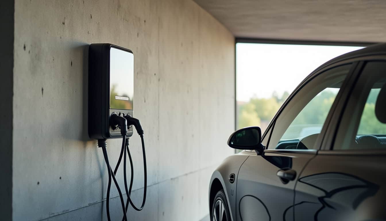 Borne de recharge électrique installée dans un garage à Plonéis, montrant le câble branché sur un véhicule électrique
