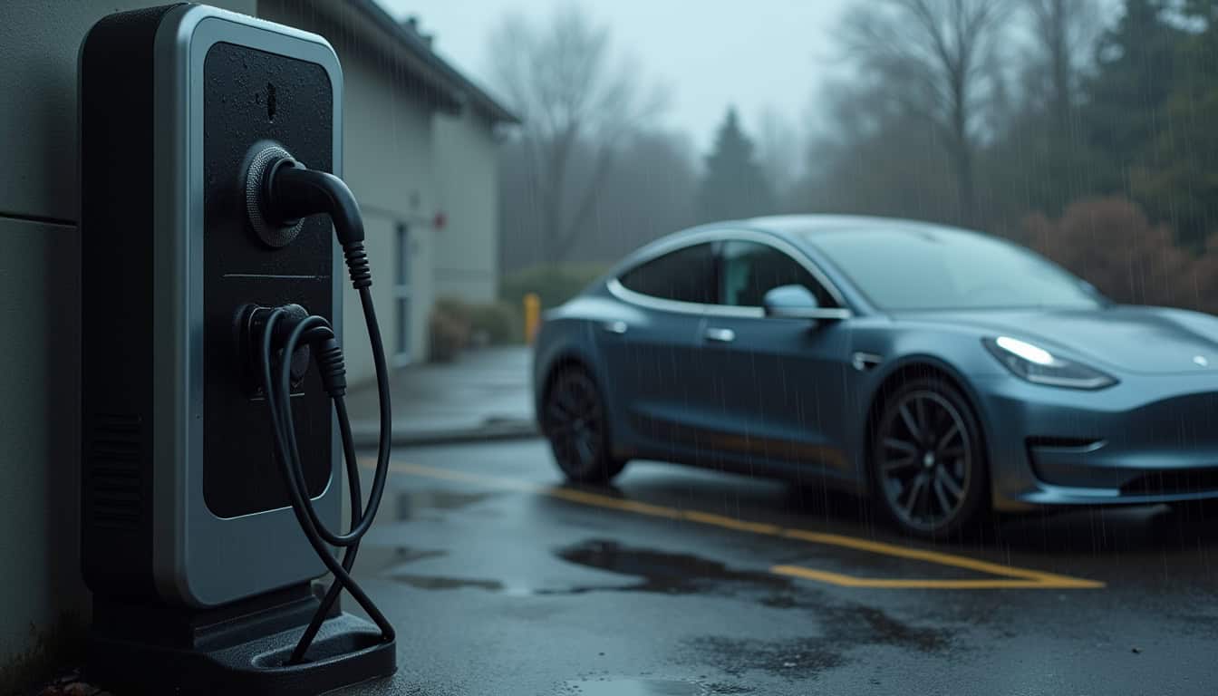 Borne de recharge mal positionnée, avec câble trop court et exposition directe à la pluie