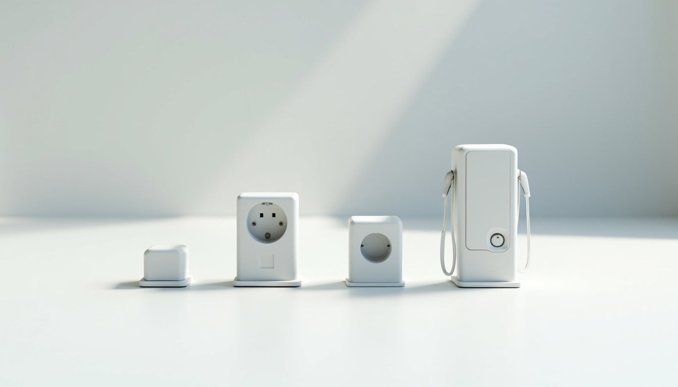 Illustration des différents types de bornes de recharge: prise renforcée, wallbox, borne rapide