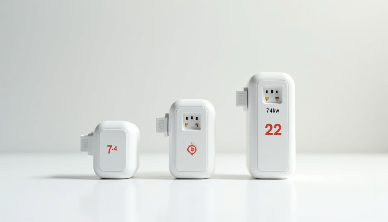 Tableau comparatif entre prise renforcée, wallbox 7,4 kW et wallbox 22 kW en termes de puissance, temps de charge et coût